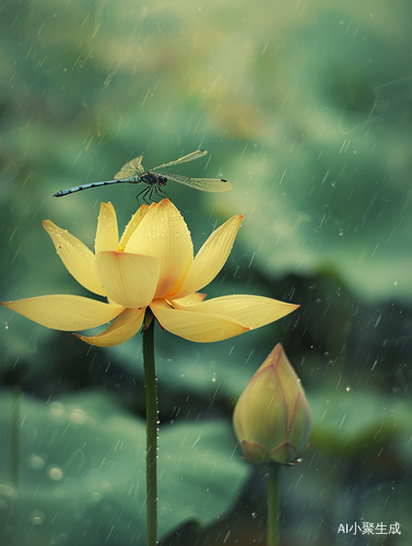 蜻蜓栖息在雨后荷花尖上