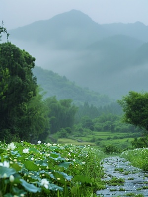 细雨绵绵春意寒，轻烟袅袅绕山间，山谷中隐约传来鸟语花香。蓝灰色的天空中弥漫着湿润的气息，微风轻拂着细雨滴在花瓣上。湿润的草地上，翠绿的荷花小草仍然挺立着，它们身上沾满了雨露的痕迹。水滴顺着叶片滚落，在细雨中形成美丽的水珠。山间的青石路上映着微弱的光芒，被细雨洗涤得更加干净。在这样的春天，小鸟们在树梢上低语，花朵们含苞待放，山间弥漫着一片神秘而宁静的氛围。