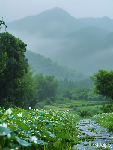 春雨细语中的宁静山谷与花香气息