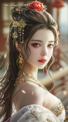 Chinese Style Beautiful Woman in Exquisite Costume and Jewelry