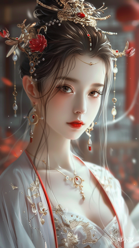 Chinese Style Beautiful Woman in Exquisite Costume and Jewelry