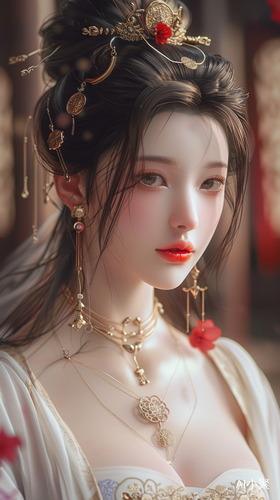 Chinese Style Beautiful Woman in Exquisite Costume and Jewelry