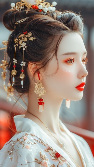 Ancient costume beautiful woman in the style of Chinese style, gold jewelry earrings and necklace with long hair in an updo hairstyle, white dress decorated with red flowers, exquisite facial features, bright eyes, perfect face details, perfect figure, delicate skin texture, red lips, blurred background of a Chinese palace hall, fairyland atmosphere, anime illustration style, high definition photography, super detailed.