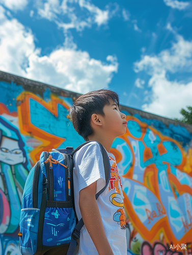 Chinese Student with Huge School Bag Against Blue Sky and Graffiti Wall