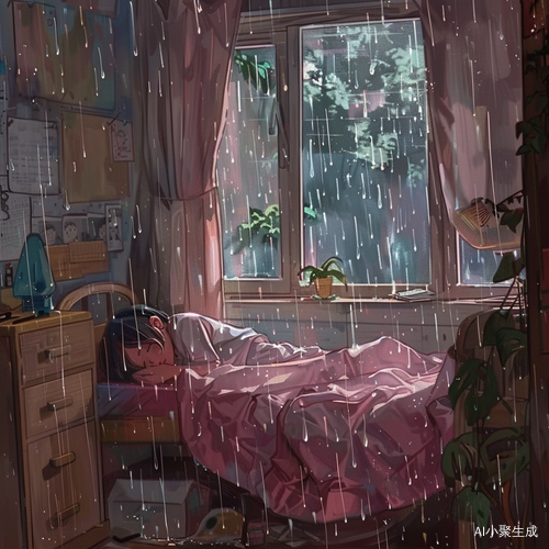 女孩在雨夜的房间里安静入睡