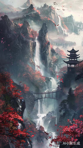 山脉溪流之美中式插画风情