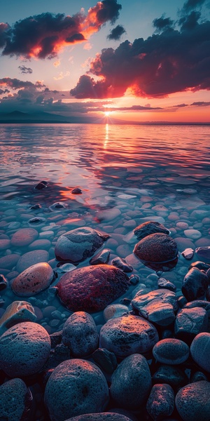 Water, stones, sunset, aurora, beauty, brilliance, photography, ultra high resolution, 16k, Ultra High definition.