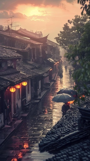 江南水乡，绵绵细雨，远景，大景，写实风格，夕阳，游客，8K