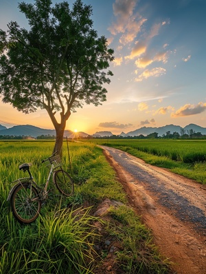 Medium: Photograph. Theme: A dirt road, green rice fields, a broad tree, a clear blue sky, a gravel bike leaning against a tree, distant mountains in the background, and soft sunset clouds. Mood: Calm. Lighting: Soft golden hour. Scene: outdoor scenery, water canal, sunset. Style: Realistic, bright colors, high-definition real shots