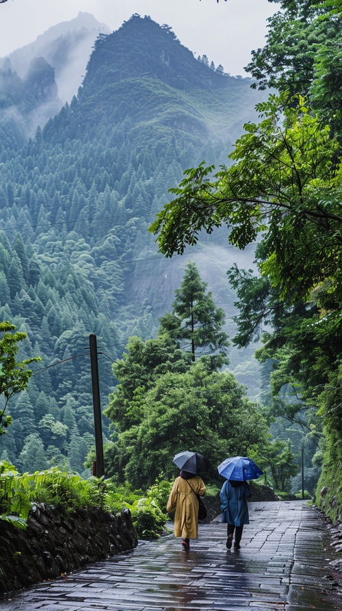 山区，郁郁葱葱的绿树，起伏的青山，细雨轻轻洒落，小路蜿蜒而行，行人穿着雨衣，手持雨伞，漫步在湿润的泥土上，空气清新，远处隐约可见云雾缭绕的山峰，营造出宁静而唯美的自然氛围。