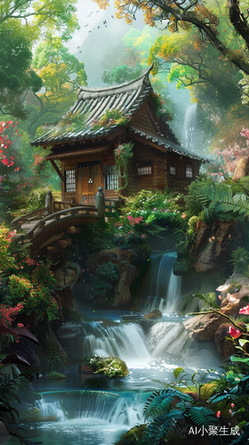 宁静小木屋与小桥流水的美丽风景