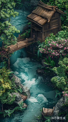 宁静小木屋与小桥流水的美丽风景