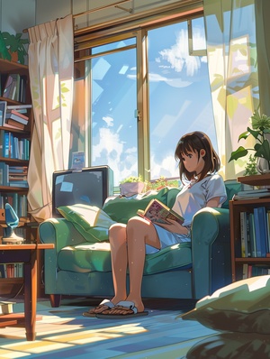 A cute girl is sitting on the sofa in her living room, reading a book . The background features an anime-style illustration of Japaneseanimation style characters, featuring light blue curtains, colorful pillows, wooden furniture,TV screens, green walls, bright sunshine outside through large windows, and a happy expression. The style of the illustration is in the style of Japanese animation.