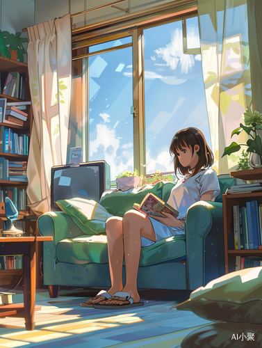 Cute Girl Reading on Sofa in Bright Anime Style Living Room