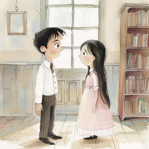 白校服小男孩与美女老师在明亮办公室的鼓励对话