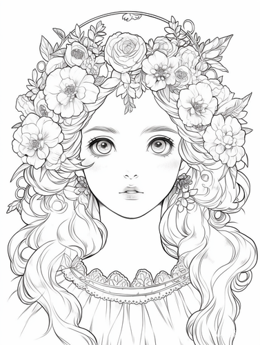 卡通古风人物与花卉结合的线描涂色页