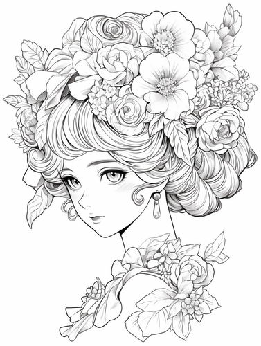 卡通古风人物与花卉结合的线描涂色页