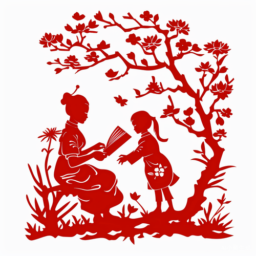 中国剪纸幼儿园教师师德师风红色矢量剪影