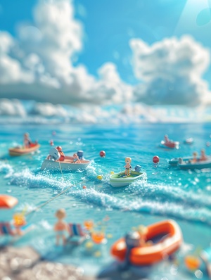 3D miniature scene, Children's Day e-commerce poster style,sea breeze blowing on the beach,boats on the sparkling sea, children are surfing,chairs,drinks, the weather is good, blue sky and white clouds, bold colors, miniature landscape with the sky as the background , with tilt-shift photography effect and ultra-clear details, using wide-angle lens and depth of field to render dreamy fantasy realistic style scenes,metal texture, light tones, studio lighting, soft reflection, C4D rendering, high quality,