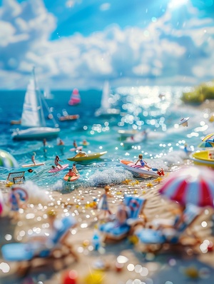 3D miniature scene, Children's Day e-commerce poster style,sea breeze blowing on the beach,boats on the sparkling sea, children are surfing,chairs,drinks, the weather is good, blue sky and white clouds, bold colors, miniature landscape with the sky as the background , with tilt-shift photography effect and ultra-clear details, using wide-angle lens and depth of field to render dreamy fantasy realistic style scenes,metal texture, light tones, studio lighting, soft reflection, C4D rendering, high quality,