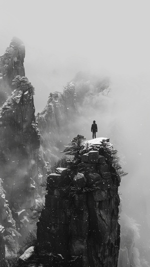 注 I N Black and white photography of a man on top of a mountain , with a misty atmosphere , taken with a wide shot , while it was snowing , with soft light , contrast , and shadowplay creating a minimalist style