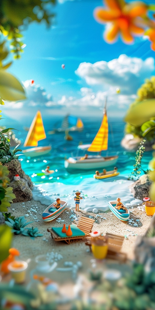 3D miniature scene, Children's Day e-commerce poster style,sea breeze blowing on the beach,boats on the sparkling sea, children are surfing,chairs,drinks, the weather is good, blue sky and white clouds, bold colors, miniature landscape with the sky as the background , with tilt-shift photography effect and ultra-clear details, using wide-angle lens and depth of field to render dreamy fantasy realistic style scenes,metal texture, light tones, studio lighting, soft reflection, C4D rendering, high quality,