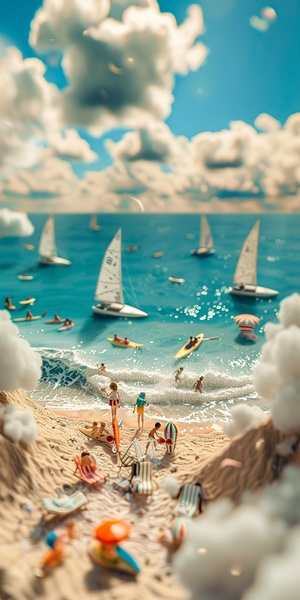 3D miniature scene, Children's Day e-commerce poster style,sea breeze blowing on the beach,boats on the sparkling sea, children are surfing,chairs,drinks, the weather is good, blue sky and white clouds, bold colors, miniature landscape with the sky as the background , with tilt-shift photography effect and ultra-clear details, using wide-angle lens and depth of field to render dreamy fantasy realistic style scenes,metal texture, light tones, studio lighting, soft reflection, C4D rendering, high quality,