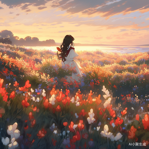 五彩花海中的美丽女子与晚霞映衬