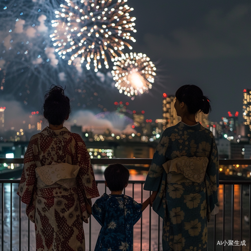 浴衣家庭观东京花火大会多摩川夏祭的清新悠闲