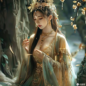 庄严高贵清纯智慧圣洁慈爱华夏女神，女神身穿丝薄纱衣，头戴金花宝冠，披挂璎珞