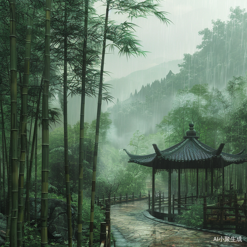 竹林深处亭子的幻雾之旅