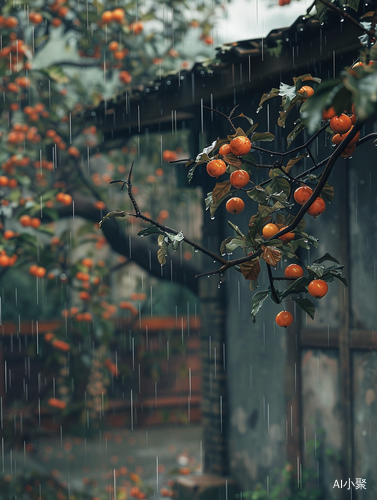 老房子柿子树下的雨景与多彩花卉的真实摄影