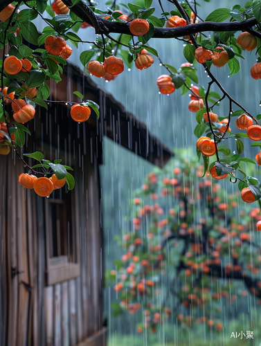 老房子柿子树下的雨景与多彩花卉的真实摄影