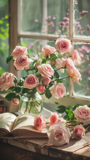 The image features a dining table with a cake and a bunch of pink roses in a vase. The roses are of various sizes and are arranged in a visually appealing manner. A book is also present on the table, adding an element of interest to the scene. The table is placed near a window, allowing natural light to illuminate the arrangement of flowers and the book.