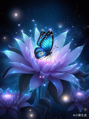 蓝色大丽花与蝴蝶的童话幻想插画