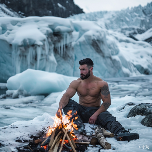 冰雪中篝火旁的赤膊肌肉男