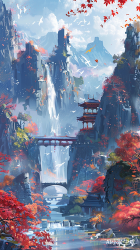 中式插画中的山脉溪流与秋日景色