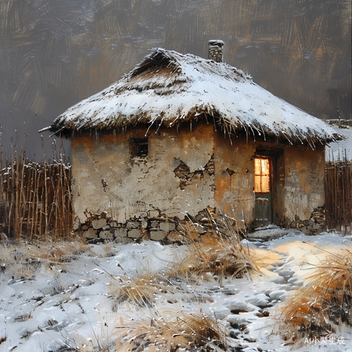 孤独乡村中的破旧房屋与草地上的雪景