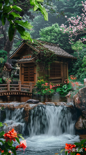 小木屋与流水相伴的花海诗意风景