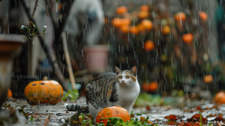 小院中的柿子雨与小猫和老人