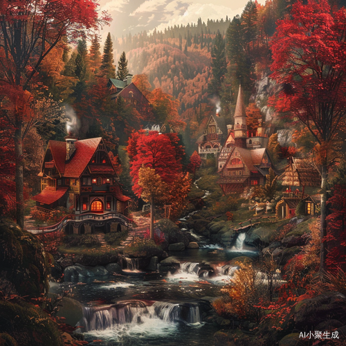 红色森林中的小村庄与蜿蜒小河