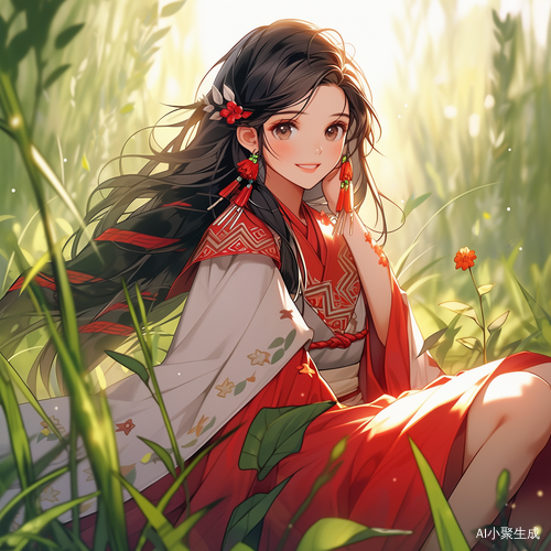 中国女孩坐在草地上微笑的美丽瞬间