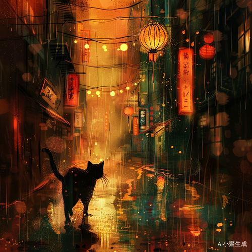 雨中漫步的可爱猫咪在拥挤大街上