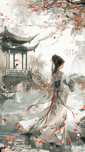 传统旗袍下的中国女孩与樱花园林的和谐之美