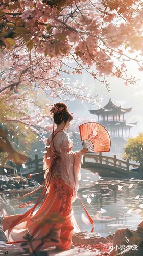 传统旗袍下的中国女孩与樱花园林的和谐之美