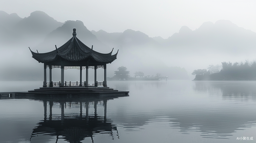 雾绕山水中的古风小亭与水墨画般的湖景