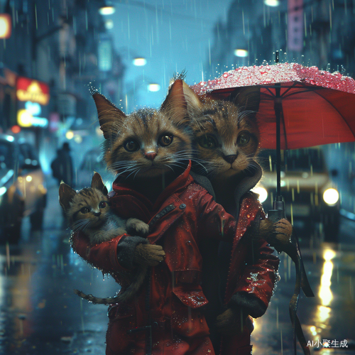 夜雨中猫咪的温情瞬间与城市灯光交织
