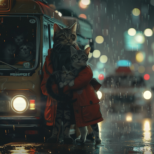 夜雨中猫咪的温情瞬间与城市灯光交织