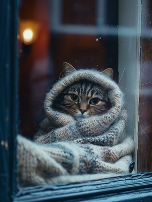 There is a cat in the window, wrapped in wool, fine details, realistic, best quality, ambient lighting, high detail, professional photographer lens, Nikon D6, cinematographer Dan Winters, pinnacle of photographic skills, cinematography style, masterpiece，ar3∶4，v6