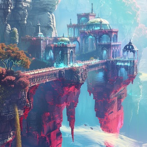 Create a digital illustration of a futuristic, dreamlike floating palace. The scene should depict a palace suspended in the air, combining elements of advanced technology and nature. The architectural style should be sci-fi, with vibrant colors and transparent structures, creating a fantastical and mysterious atmosphere. The overall style should be futuristic and enchanting, 8k, 32k uhd, official photo.参考中文提示词创建一幅未来梦幻空中宫殿的数字插画。场景应展示一座悬浮在空中的宫殿，结合未来科技与自然元素。建筑风格应充满科幻感，色彩斑斓的光线和透明的结构营造出梦幻和神秘的氛围。整体风格应未来主义且迷人，8k, 